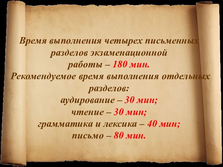 Время выполнения четырех письменных разделов экзаменационной работы – 180 мин.