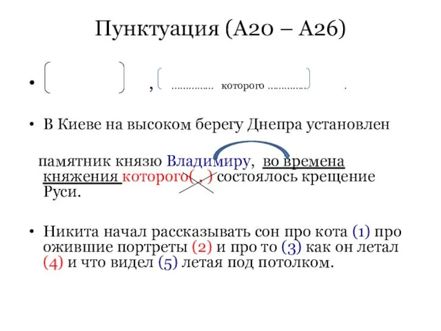 Пунктуация (А20 – А26) , …………… которого ………….. . В