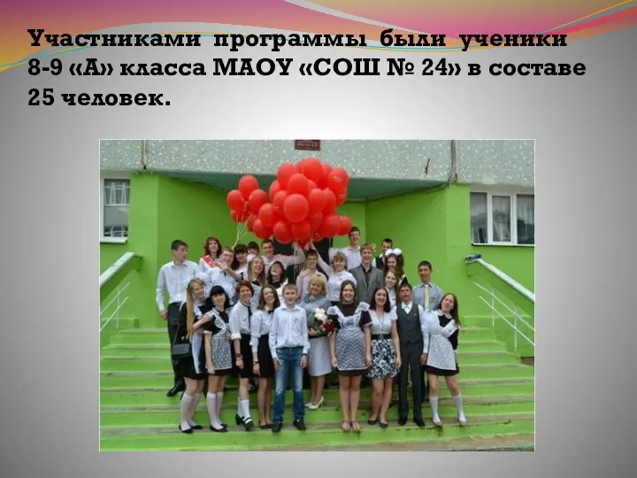 Участниками программы были ученики 8-9 «А» класса МАОУ «СОШ № 24» в составе 25 человек.