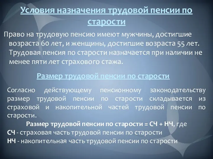 Условия назначения трудовой пенсии по старости Право на трудовую пенсию