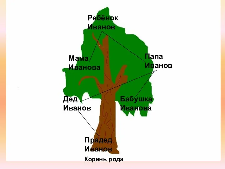 Корень рода Ребёнок Иванов Мама Иванова Папа Иванов Дед Иванов Бабушка Иванова Прадед Иванов