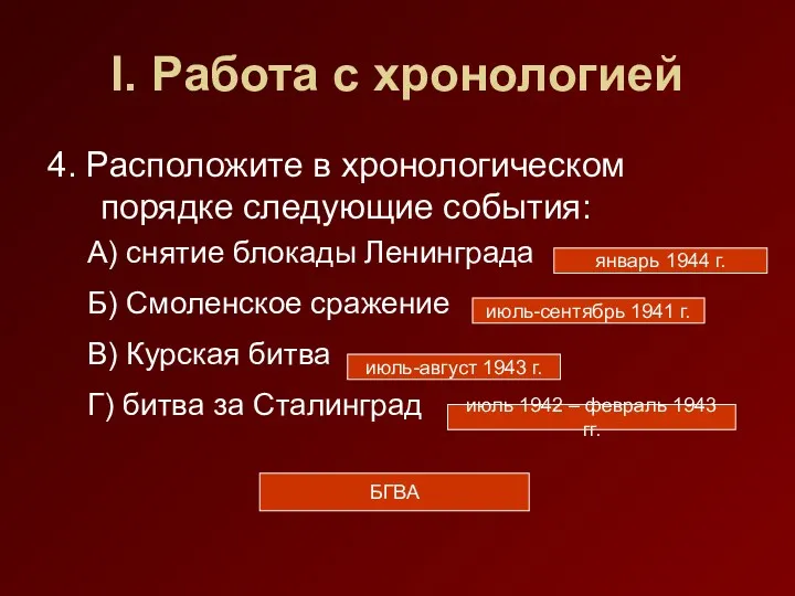 I. Работа с хронологией 4. Расположите в хронологическом порядке следующие