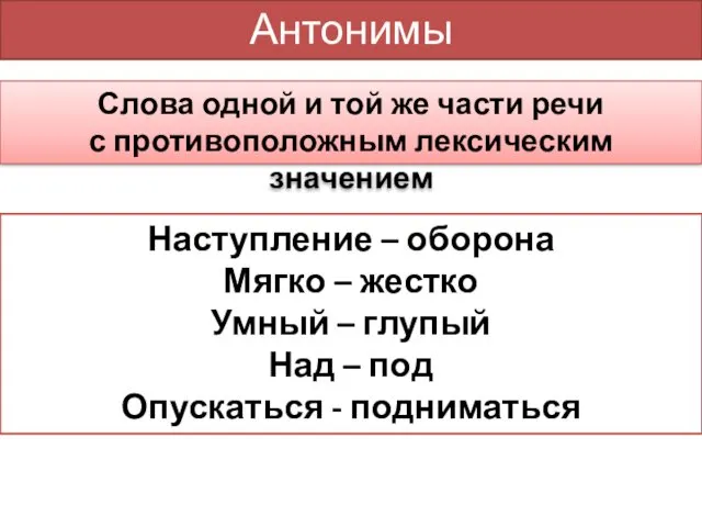 Антонимы Слова одной и той же части речи с противоположным