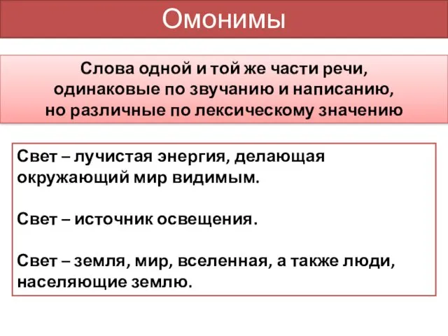 Омонимы Слова одной и той же части речи, одинаковые по