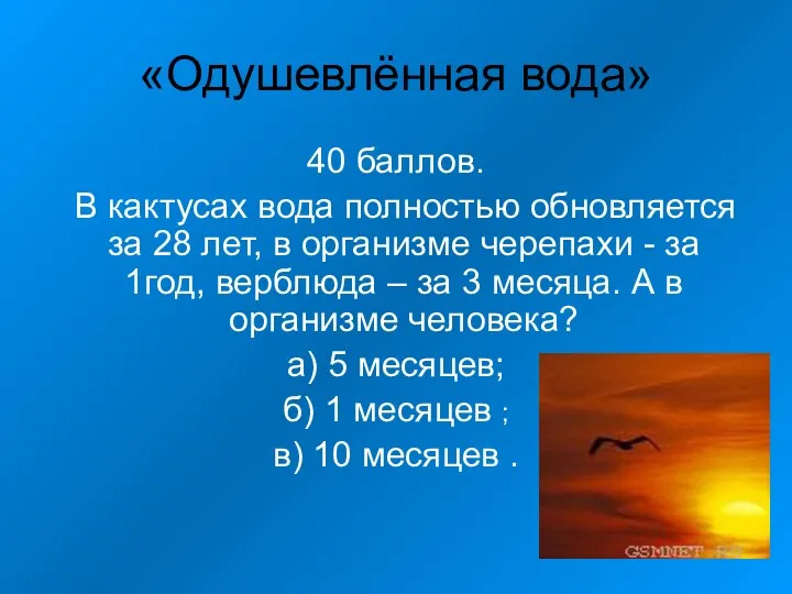 «Одушевлённая вода» 40 баллов. В кактусах вода полностью обновляется за