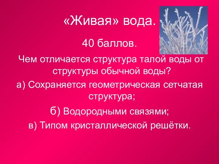 «Живая» вода. 40 баллов. Чем отличается структура талой воды от