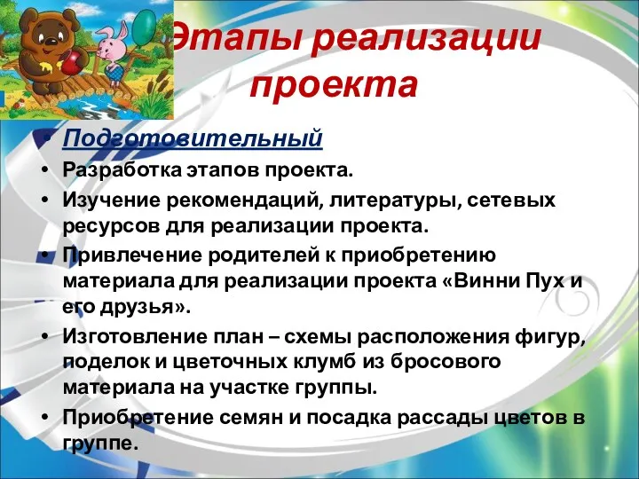 Этапы реализации проекта Подготовительный Разработка этапов проекта. Изучение рекомендаций, литературы,