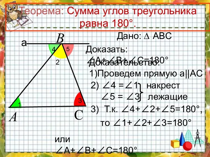 2 Теорема: Сумма углов треугольника равна 180. Дано: ∆ ABC Доказательство: 1)Проведем прямую