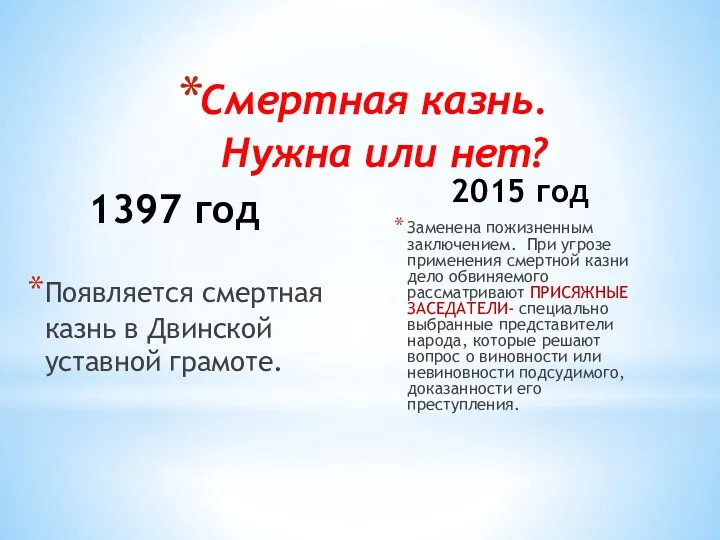 1397 год Появляется смертная казнь в Двинской уставной грамоте. 2015