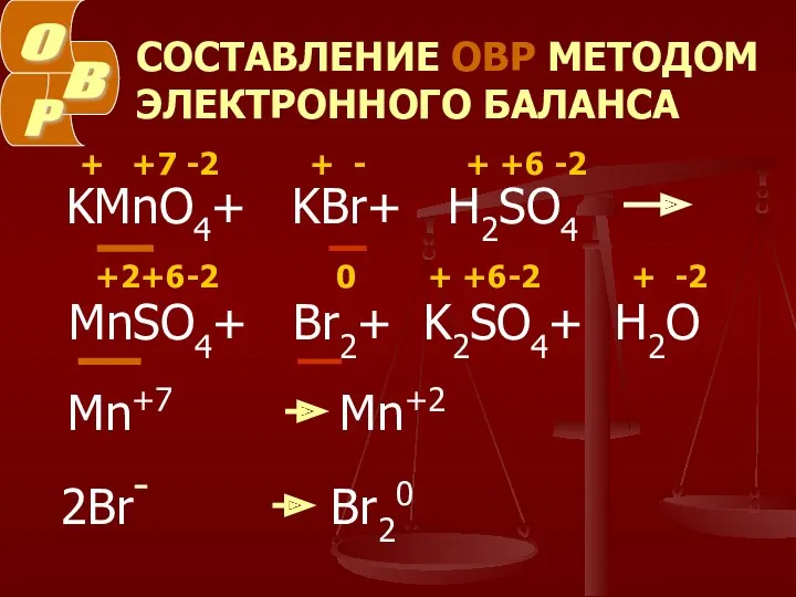 СОСТАВЛЕНИЕ ОВР МЕТОДОМ ЭЛЕКТРОННОГО БАЛАНСА KMnO4+ KBr+ H2SO4 MnSO4+ Br2+