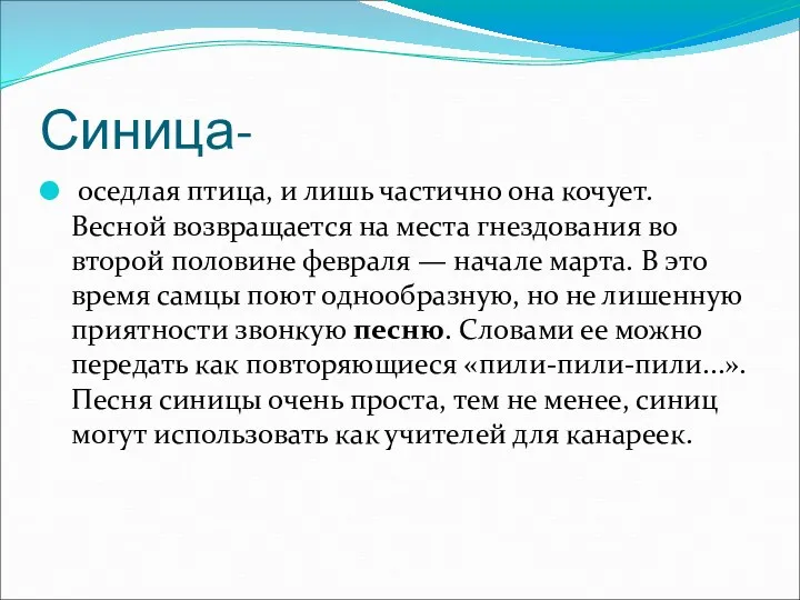 Синица- оседлая птица, и лишь частично она кочует. Весной возвращается