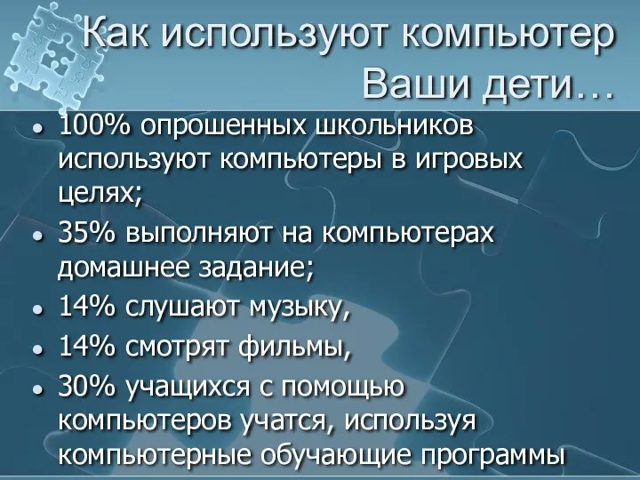 Как используют компьютер Ваши дети… 100% опрошенных школьников используют компьютеры