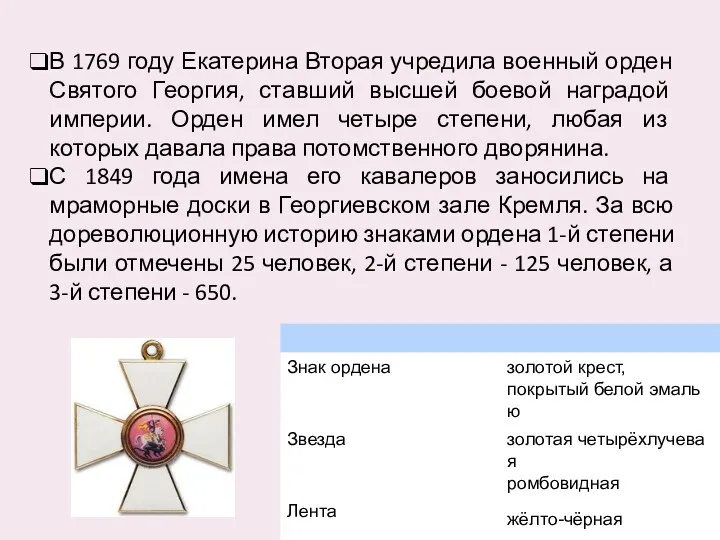 В 1769 году Екатерина Вторая учредила военный орден Святого Георгия,
