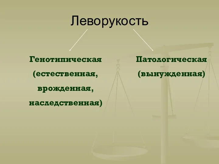 Леворукость Генотипическая (естественная, врожденная, наследственная) Патологическая (вынужденная)