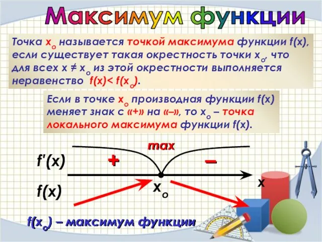 xo Максимум функции Точка хо называется точкой максимума функции f(x), если существует такая