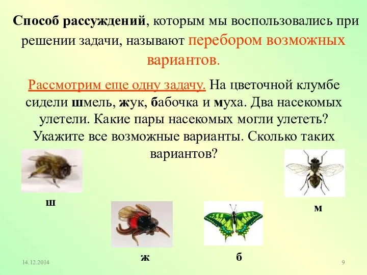 Рассмотрим еще одну задачу. На цветочной клумбе сидели шмель, жук, бабочка и муха.
