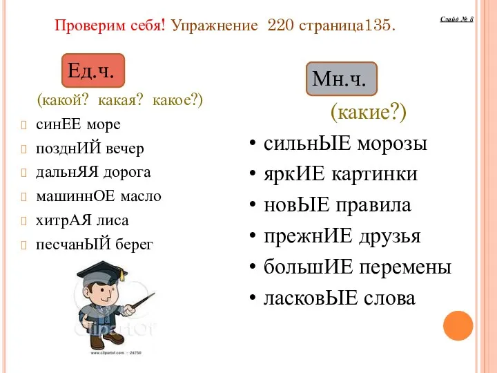 (какой? какая? какое?) синЕЕ море позднИЙ вечер дальнЯЯ дорога машиннОЕ