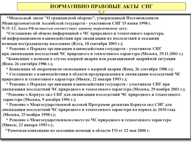 НОРМАТИВНО ПРАВОВЫЕ АКТЫ СНГ *Модельный закон "О гражданской обороне", утвержденный