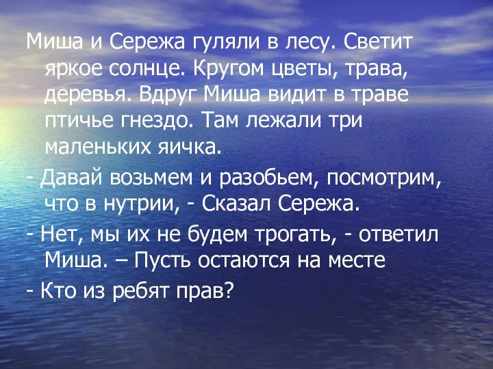 Миша и Сережа гуляли в лесу. Светит яркое солнце. Кругом