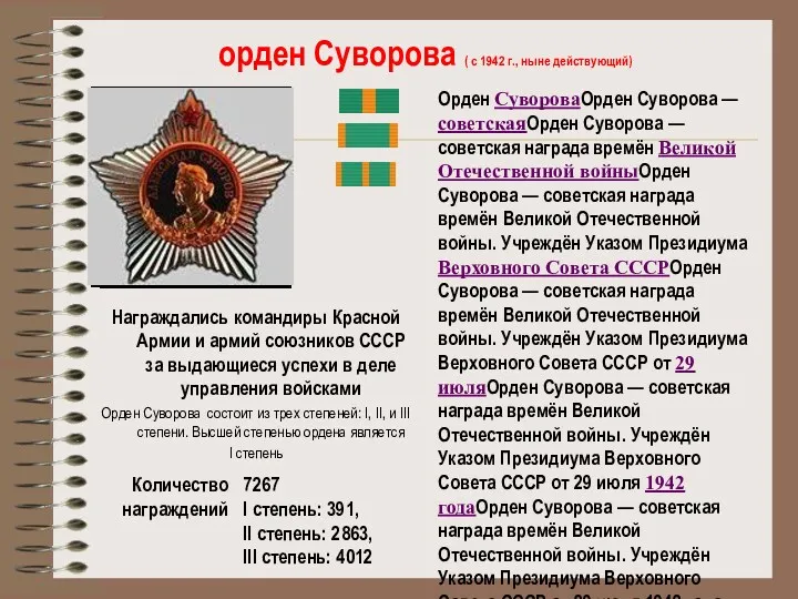 орден Суворова ( с 1942 г., ныне действующий) Награждались командиры