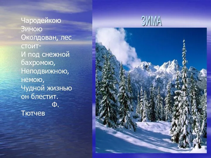 Чародейкою Зимою Околдован, лес стоит- И под снежной бахромою, Неподвижною, немою, Чудной жизнью он блестит. Ф.Тютчев