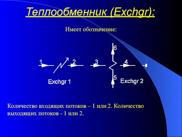 Теплообменник (Exchgr): Имеет обозначение: Количество входящих потоков – 1 или 2. Количество выходящих