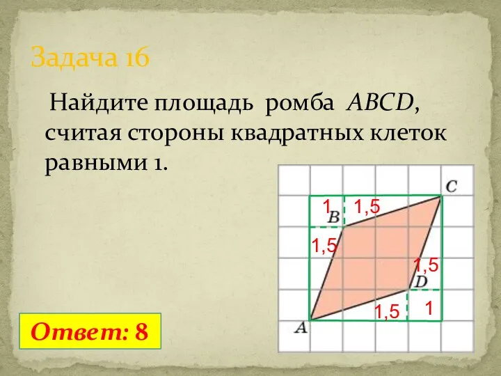 Найдите площадь ромба ABCD, считая стороны квадратных клеток равными 1. Задача 16 Ответ: