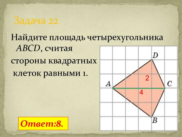 Найдите площадь четырехугольника ABCD, считая стороны квадратных клеток равными 1. Задача 22 Ответ:8. 2 4
