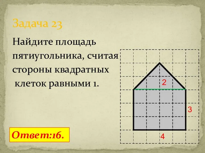 Найдите площадь пятиугольника, считая стороны квадратных клеток равными 1. Задача 23 Ответ:16. 4 3 2