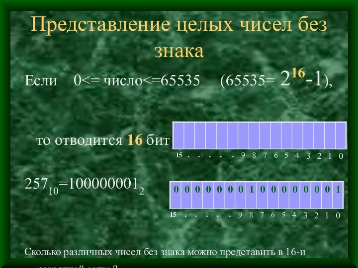 Представление целых чисел без знака Если 0 25710=1000000012 Сколько различных