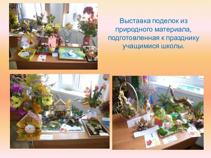 Выставка поделок из природного материала, подготовленная к празднику учащимися школы.