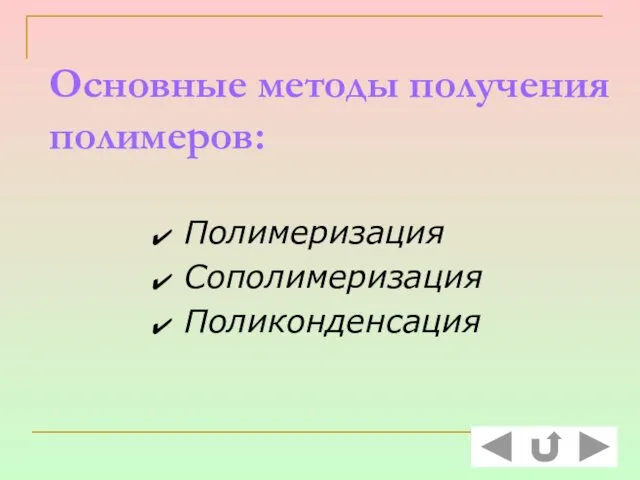 Основные методы получения полимеров: Полимеризация Сополимеризация Поликонденсация