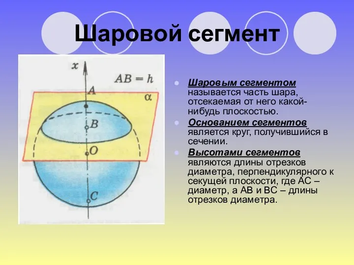 Шаровой сегмент Шаровым сегментом называется часть шара, отсекаемая от него