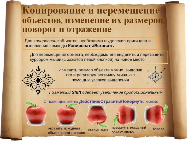 Копирование и перемещение объектов, изменение их размеров, поворот и отражение