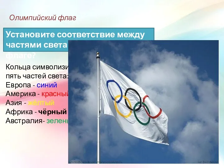 Олимпийский флаг Кольца символизируют пять частей света: Европа - синий Америка - красный