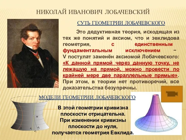 Николай Иванович Лобачевский Это дедуктивная теория, исходящая из тех же понятий и аксиом,