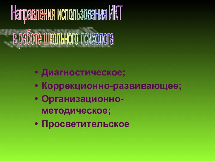 Диагностическое; Коррекционно-развивающее; Организационно-методическое; Просветительское Направления использования ИКТ в работе школьного психолога