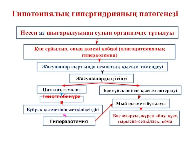 Гипотониялық гипергидрияның патогенезі Несеп аз шығарылуынан судың организмде тұтылуы Қан сұйылып, оның көлемі