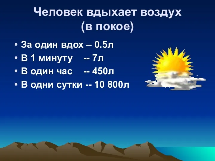 Человек вдыхает воздух (в покое) За один вдох – 0.5л