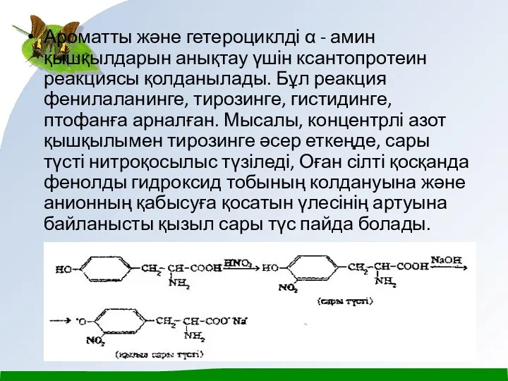 Ароматты және гетероциклді α - амин қышқылдарын анықтау үшін ксантопротеин реакциясы қолданылады. Бұл