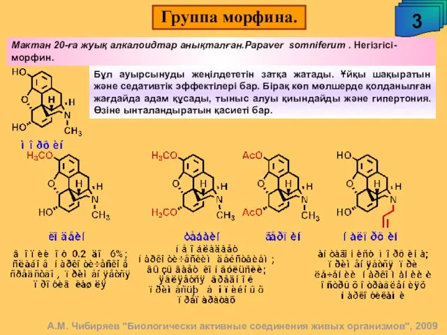 Группа морфина. 3 А.М. Чибиряев "Биологически активные соединения живых организмов", 2009 Бұл ауырсынуды