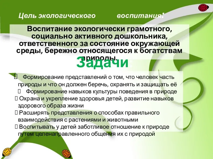 Цель экологического воспитания: Воспитание экологически грамотного, социально активного дошкольника, ответственного