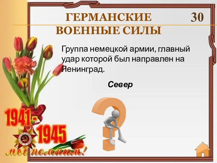 ГЕРМАНСКИЕ ВОЕННЫЕ СИЛЫ 30 Север Группа немецкой армии, главный удар которой был направлен на Ленинград.