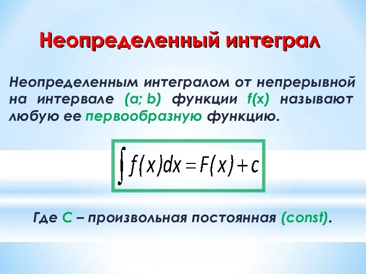 Неопределенный интеграл Неопределенным интегралом от непрерывной на интервале (a; b) функции f(x) называют