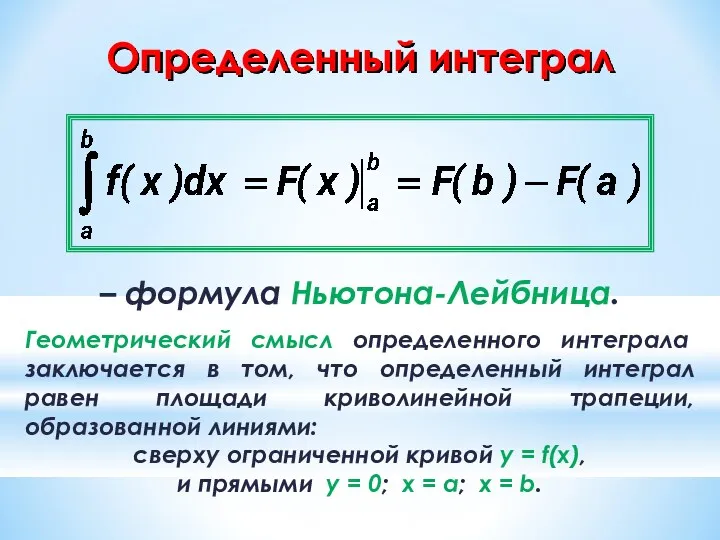 Определенный интеграл – формула Ньютона-Лейбница. Геометрический смысл определенного интеграла заключается