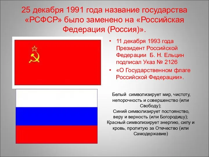 25 декабря 1991 года название государства «РСФСР» было заменено на «Российская Федерация (Россия)».