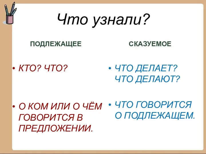 Что узнали? ПОДЛЕЖАЩЕЕ КТО? ЧТО? О КОМ ИЛИ О ЧЁМ