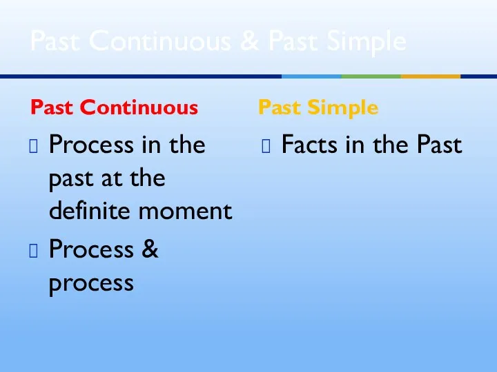 Past Continuous Process in the past at the definite moment Process & process