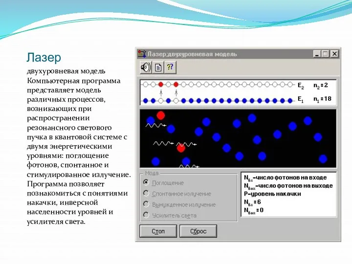 Лазер двухуровневая модель Компьютерная программа представляет модель различных процессов, возникающих