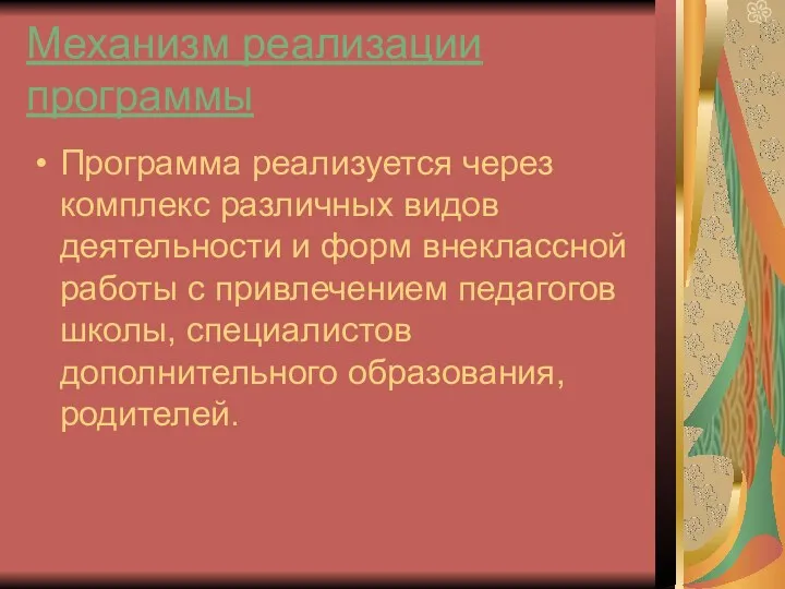 Механизм реализации программы Программа реализуется через комплекс различных видов деятельности